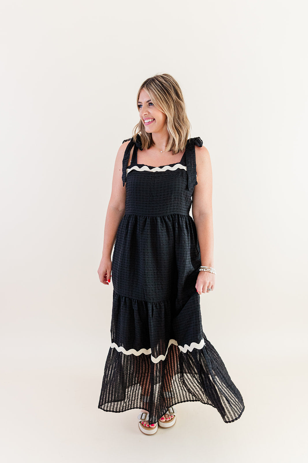 Ribbon Tie Tiered with Ric Rac Trim Maxi Dress