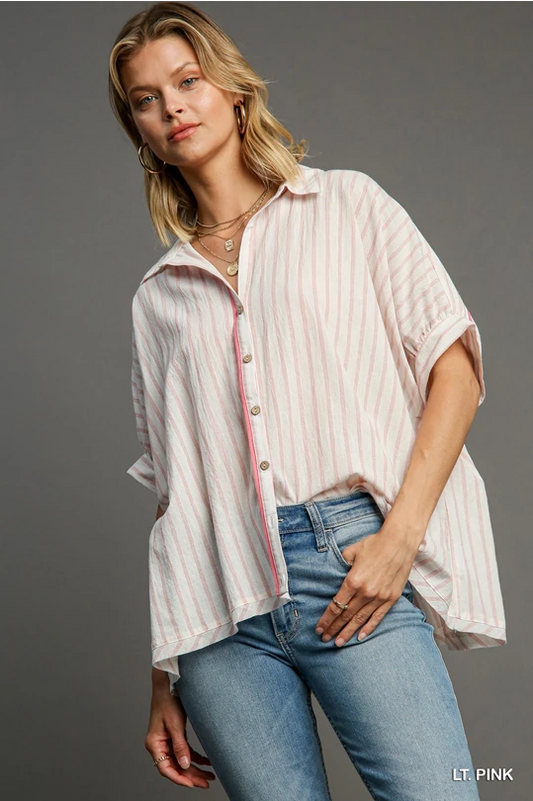 Pink Stripe Collared Button Down Top