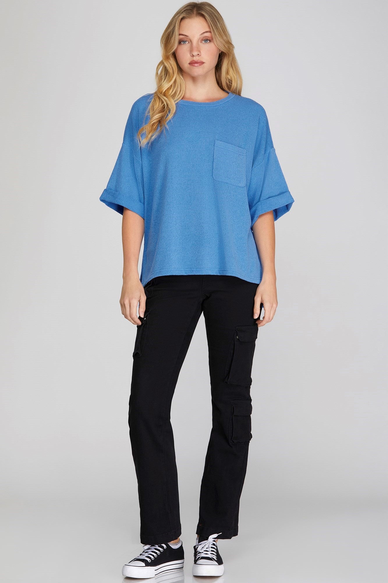 DROP SHOULDER SWEATER KNIT TOP WITH FRONT POCKET