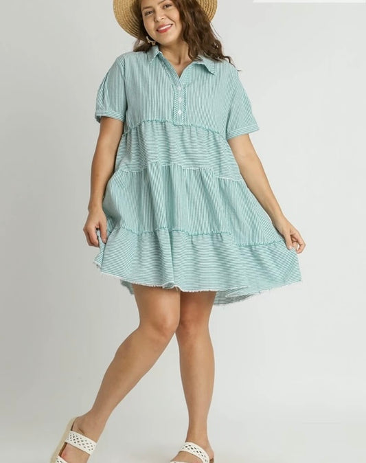 Teal Mix Half Button Up Tiered Striped Collared Dress