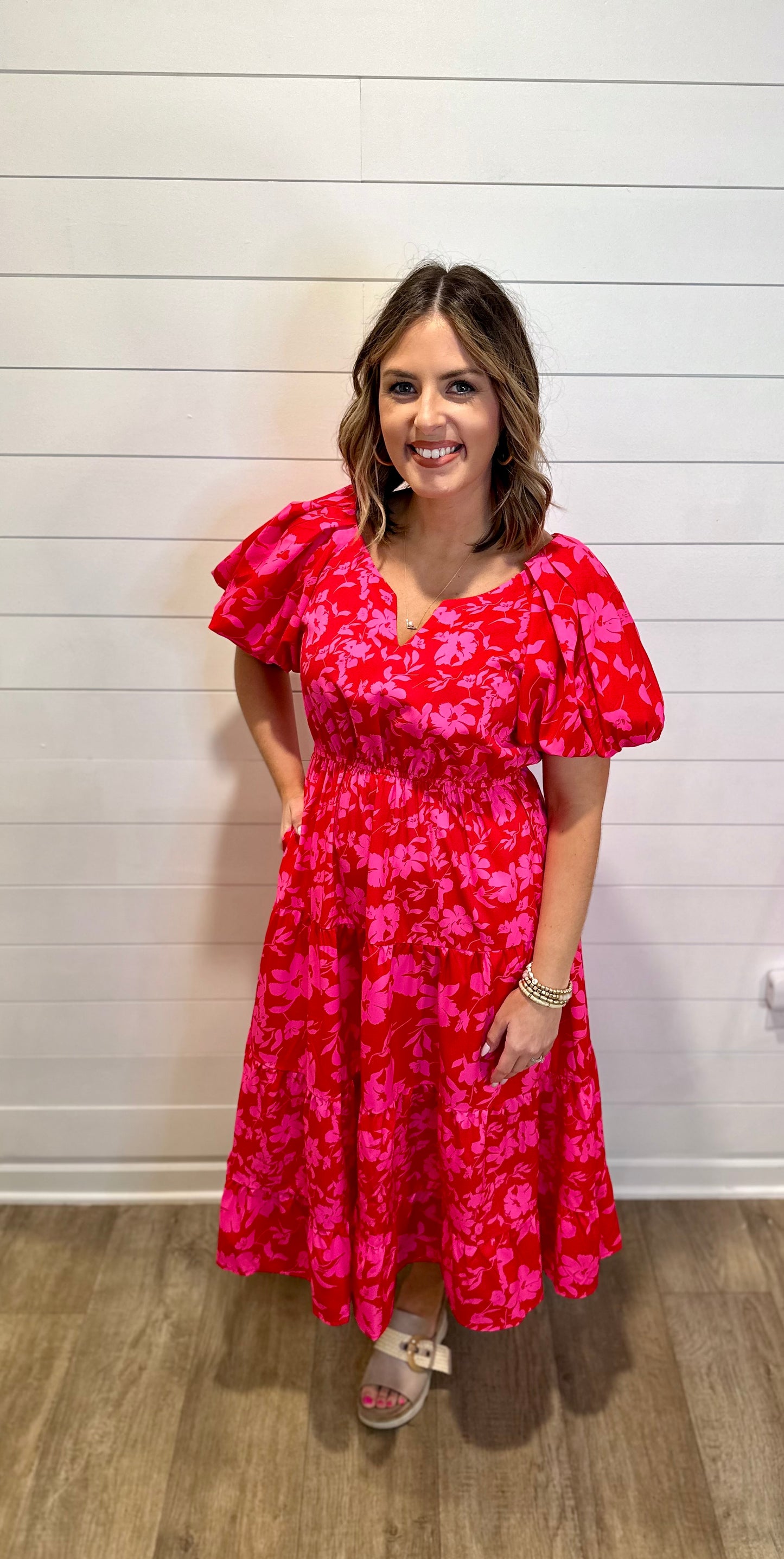 Red Floral Puff Sleeve Dress