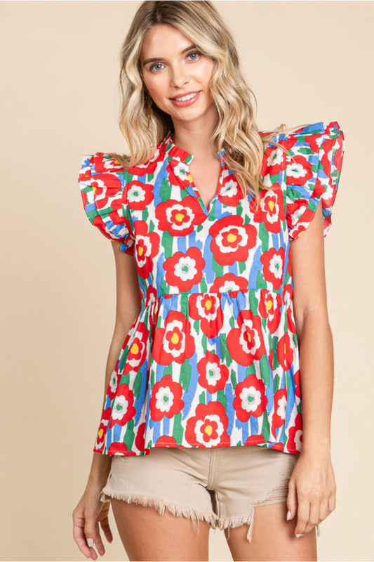 Red Mix- Floral Ruffle Top